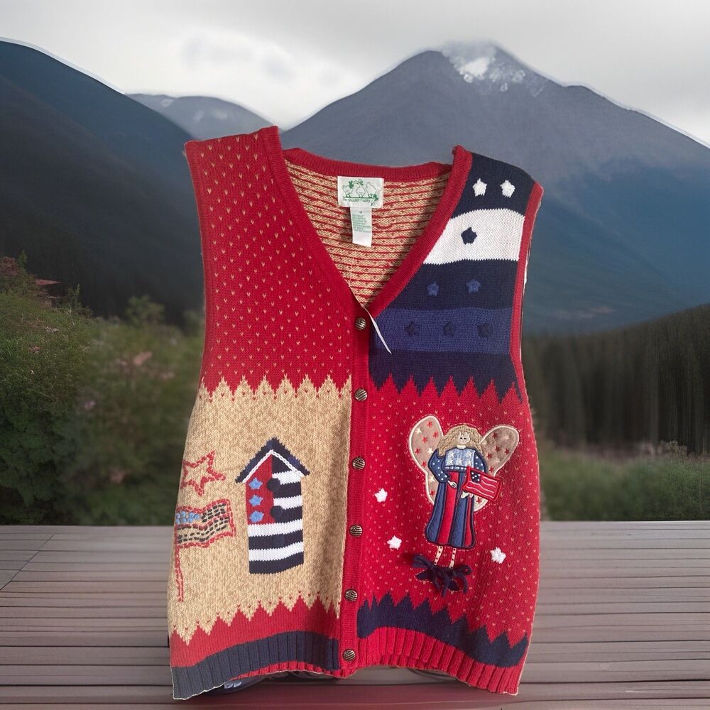 Quacker Factory VTG Patriotic USA Sweater Vest Medium NWTS New With Tags Red Tan